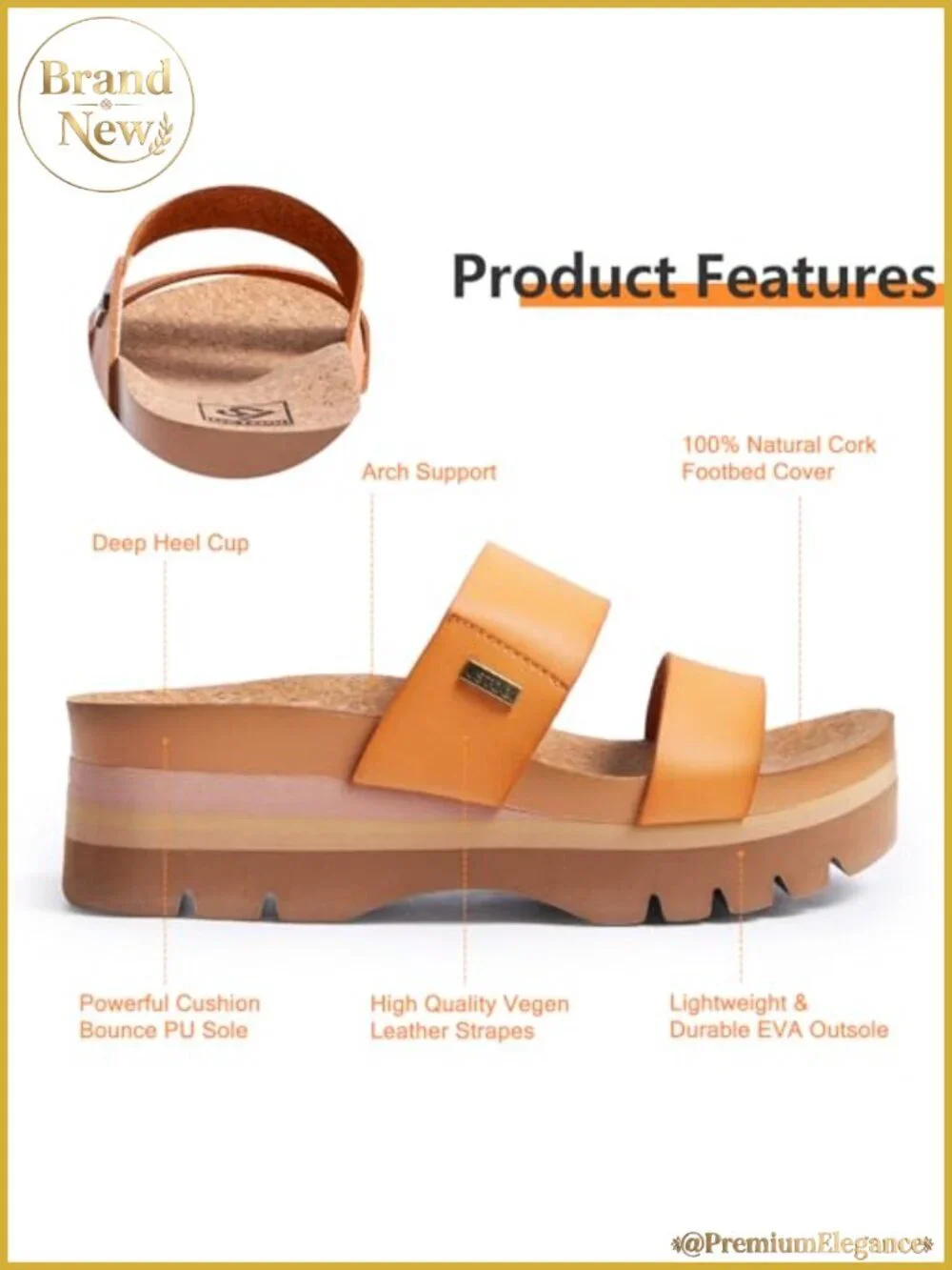 Platform Sandals Arch Support Cork Footbed Slides 2 Strap Vegan Leather